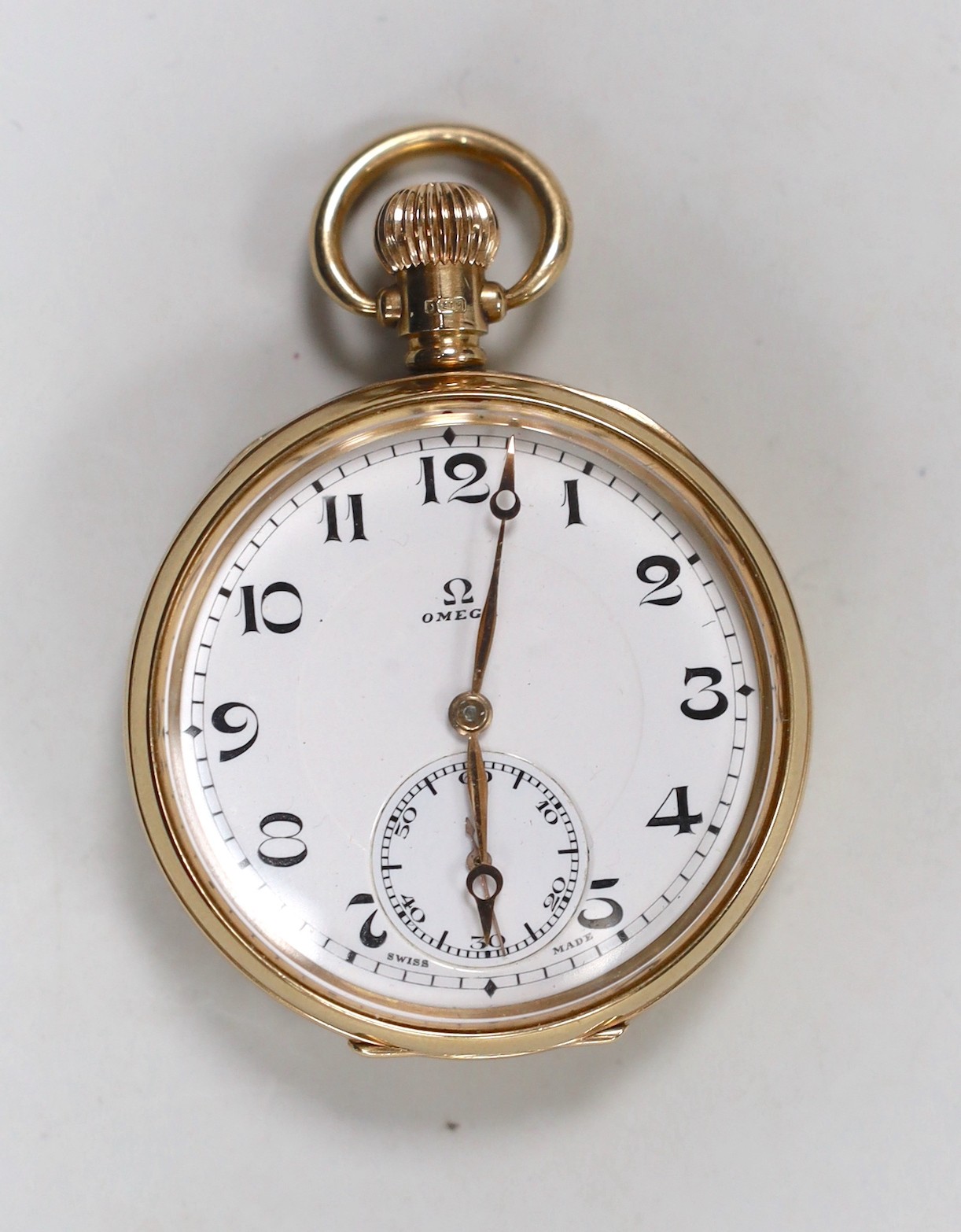 A George V 9ct gold Omega open face keyless pocket watch, case diameter 44mm, gross weight 63 grams.